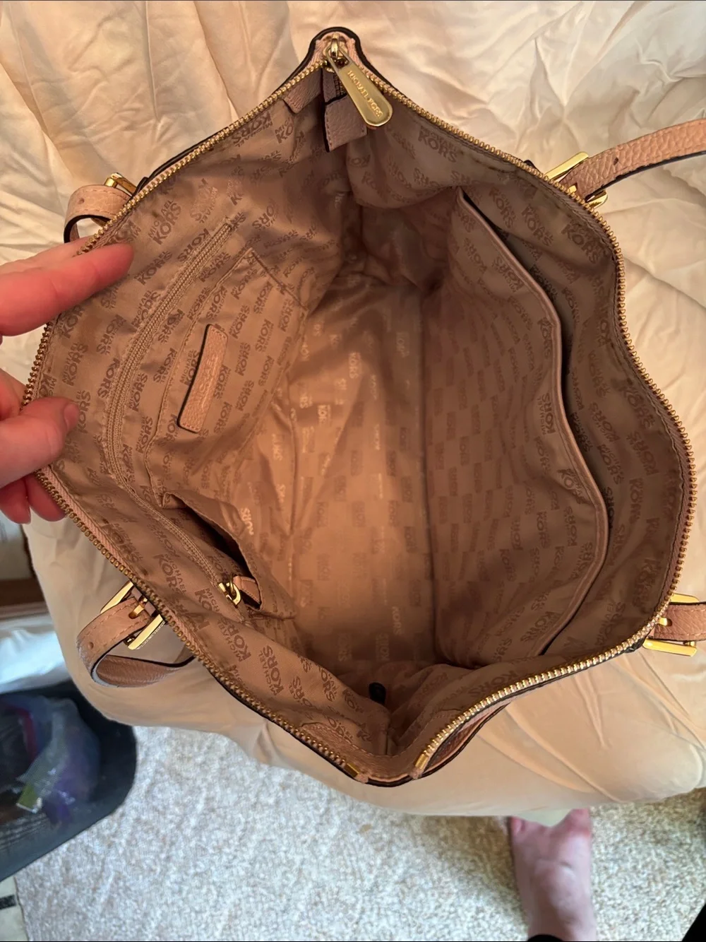Michael Kors Light Blush Pebbled Leather Tote with Gold Logo Charm
